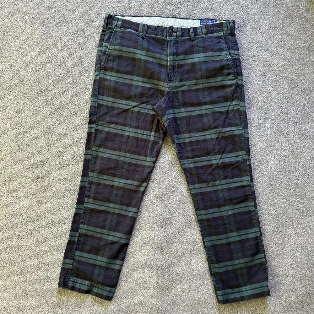 Polo Ralph Lauren Polo Chino Pants Men 36x30 Green Plaid Stretch Straight Fit P